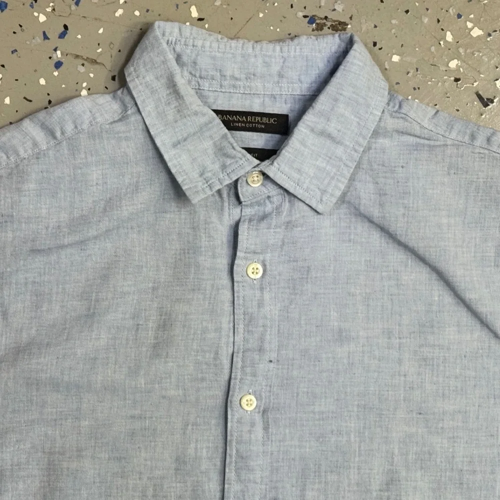 Banana Republic Mens Slim Fit Linen Cotton Short Sleeve Button Down Shirt Blue M